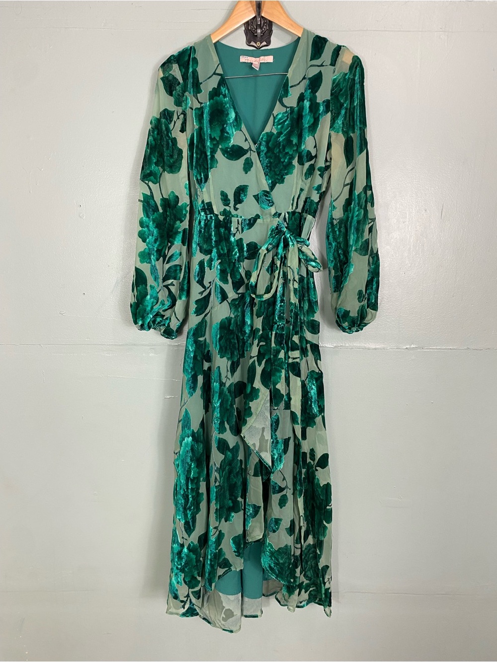 Anthropologie Hutch Velvet Wrap Dress Green Maxi Floral Small - Picture 2 of 8